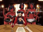  1boy 3girls absurdres alcohol bar beard black_hair bottle breasts contract demon demon_girl facial_hair formal highres lucifer maid multiple_girls original osmedraw red_skin suit whiskey wine yellow_eyes 