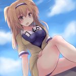  1girl bangs breasts brown_eyes cloud cloudy_sky commentary_request dutch_angle eyebrows_visible_through_hair hair_between_eyes hairband hands_on_own_thighs highres hirune_(konekonelkk) i-26_(kantai_collection) jacket kantai_collection knee_up large_breasts light_brown_hair looking_at_viewer medium_hair open_clothes open_jacket outdoors school_swimsuit short_sleeves sidelocks sky solo swimsuit 