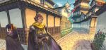  1boy 1girl architecture black_cape black_hair brown_hair cape copyright_name crossed_arms dark_skin dark_skinned_male day east_asian_architecture flower highres invisible_ginga morning_glory nagi_itsuki outdoors pixiv_fantasia pixiv_fantasia_age_of_starlight road scarf standing street trellis yellow_scarf 