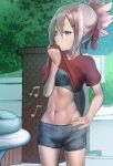  1girl akamine_yuuna black_bra blush bra brown_eyes closed_mouth commentary_request groin hair_ornament hair_ribbon hairclip hand_on_hip highres lifted_by_self masabou musical_note navel outdoors pink_hair ponytail radio red_shirt ribbon shiny shiny_hair shirt shirt_lift short_shorts shorts solo sports_bra sweat tree underwear yuuki_yuuna_wa_yuusha_de_aru yuusha_de_aru 