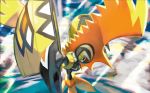  commentary creature english_commentary gen_7_pokemon kawaguchi_youhei legendary_pokemon looking_down multiple_sources no_humans official_art pokemon pokemon_(creature) pokemon_trading_card_game solo tapu_koko third-party_source 