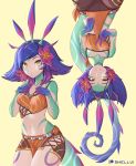  1girl artist_name bare_shoulders blue_hair breasts collarbone commentary flower hair_flower hair_ornament highres jewelry league_of_legends lizard_girl lizard_tail long_hair looking_at_viewer monster_girl multicolored_hair multiple_views navel neeko_(league_of_legends) patreon_logo pink_hair shellvi simple_background small_breasts smile strap_slip tail yellow_eyes 