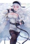  1girl :d azur_lane bangs belt black_gloves black_legwear breasts cleavage coat crossed_bangs eyebrows_visible_through_hair finger_to_mouth floating_hair fur-trimmed_coat fur_trim gangut_(azur_lane) gloves hair_between_eyes hair_ornament hairclip hand_on_hip hat highres jacket large_breasts long_hair long_sleeves looking_at_viewer military_hat mole mole_under_eye open_mouth pantyhose partly_fingerless_gloves peaked_cap red_eyes shichijou_natori silver_hair skirt smile snowing thigh_strap very_long_hair 