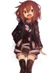  1girl absurdres alternate_costume bangs black_jacket black_legwear black_shirt black_shorts brown_eyes brown_hair fang hair_between_eyes hair_ornament hairclip hand_in_pocket highres ikazuchi_(kantai_collection) jacket kaamin_(mariarose753) kantai_collection long_sleeves medium_hair open_clothes open_jacket open_mouth shirt shorts sidelocks simple_background solo thighhighs white_background 