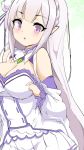  1girl :o bangs bare_shoulders blush braid breasts cleavage commentary_request detached_sleeves dress emilia_(re:zero) eyebrows_visible_through_hair flower grey_hair hair_flower hair_ornament hair_tie long_hair long_sleeves looking_at_viewer medium_breasts momio parted_lips pleated_dress pointy_ears purple_eyes purple_ribbon re:zero_kara_hajimeru_isekai_seikatsu ribbon rose sleeves_past_wrists solo very_long_hair white_dress white_flower white_rose white_sleeves 