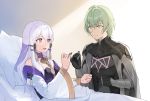  1boy 1girl armor black_armor black_gloves byleth_(fire_emblem) byleth_(fire_emblem)_(male) closed_mouth commission dress fire_emblem fire_emblem:_three_houses gloves green_eyes green_hair hair_ornament highres long_hair long_sleeves lysithea_von_ordelia oenothera open_mouth pillow pink_eyes pinky_swear short_hair smile white_hair 