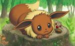  :3 brown_eyes closed_eyes commentary creature eevee english_commentary forest full_body gen_1_pokemon kusube_aya looking_at_viewer lying multiple_sources nature no_humans official_art on_stomach pokemon pokemon_(creature) pokemon_trading_card_game solo third-party_source tree tree_stump 