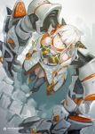  1girl black_legwear bow copyright_name from_above hair_ornament highres horns looking_at_viewer mecha_musume orange_bow pixiv_fantasia pixiv_fantasia_age_of_starlight si_(ruanmumu) solo thighhighs white_hair yellow_eyes 