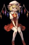  1girl :t arm_garter arm_strap arm_support ascot bangs between_legs black_background blonde_hair closed_mouth commentary_request crystal eyebrows_visible_through_hair flandre_scarlet frilled_shirt_collar frilled_sleeves frills full_body hand_between_legs hat hat_ribbon highres loafers looking_at_viewer mob_cap orange_eyes pointy_ears puffy_short_sleeves puffy_sleeves red_eyes red_footwear red_ribbon red_skirt red_vest ribbon ribbon-trimmed_collar ribbon_trim shadow shirt shoes short_hair short_sleeve_sweater short_sleeves sitting skirt solo thighhighs touhou v_arms vest white_headwear white_legwear white_shirt wings yanyan_(shinken_gomi) yellow_neckwear zettai_ryouiki 