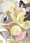  1boy 2girls artist_request blonde_hair breasts character_doll clefairy closed_eyes commentary copyright_name dress english_commentary gen_1_pokemon gladio_(pokemon) green_eyes highres lillie_(pokemon) long_hair looking_at_another lusamine_(pokemon) mother_and_children multiple_girls official_art pokemon small_breasts white_dress 