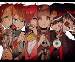  1girl 5boys amane_tsukasa armlet black_hair black_shirt blonde_hair blue_shirt bracelet camera gakuran gradient_hair green_eyes grey_hair hair_over_one_eye hanako_(jibaku_shounen_hanako-kun) hiiragi_fuyuki hitodama holding holding_camera holding_sword holding_weapon jewelry jibaku_shounen_hanako-kun long_hair long_sleeves looking_at_viewer minamoto_kou minamoto_teru mole mole_under_eye multicolored_hair multiple_boys necktie orange_eyes pin pink_cardigan pink_hair red_eyes sailor_collar scarf school_uniform sheath sheathed shirt short_bangs short_sleeves single_earring skull sousuke_mitsuba sword upper_body vertical-striped_neckwear weapon white_neckwear white_shirt yashiro_nene yellow_eyes 