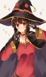  1girl absurdres bangs black_cape black_choker blush brown_hair cape choker collarbone commentary_request dress eyebrows_visible_through_hair fingerless_gloves gloves hat highres kono_subarashii_sekai_ni_shukufuku_wo! long_hair looking_at_viewer megumin red_dress red_eyes smile solo witch_hat yuno_(suke_yuno) 