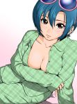  1girl blue-tinted_eyewear blue_hair blush breast_hold breasts brown_eyes cleavage commentary_request eyewear_on_head green_shirt highres looking_at_viewer mahha_warabi may_lee no_bra pajamas pink-framed_eyewear pink_background plaid plaid_shirt shirt solo sunglasses the_king_of_fighters the_king_of_fighters_2001 unbuttoned unbuttoned_shirt unmoving_pattern 