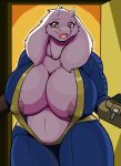  2020 anthro areola bethesda_softworks big_breasts boss_monster bovid breasts caprine crossover droll3 fallout female fur hi_res huge_breasts looking_at_viewer mammal open_mouth toriel undertale vault_suit video_games white_body white_fur 