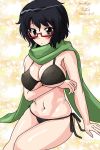  1girl artist_name bangs bikini black_bikini black_eyes black_hair blush breast_hold breasts cleavage commentary dated eyebrows_visible_through_hair girls_und_panzer glasses green_scarf large_breasts light_particles looking_at_viewer matsui_yasutsugu medium_hair messy_hair navel oryou_(girls_und_panzer) parted_lips red-framed_eyewear scarf semi-rimless_eyewear short_hair short_ponytail side-tie_bikini signature sitting skindentation solo string_bikini swimsuit under-rim_eyewear yellow_background 