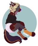  2020 angry anthro blonde_hair canid canine clothed clothing curled_hair diaper digital_media_(artwork) female fur grey_body grey_fur hair mammal purple_nose seamen simple_background 