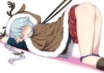  1girl animal_costume antlers ass blush bow braid brown_eyes brown_legwear dutch_angle eyebrows_visible_through_hair from_side grey_hair hair_over_eyes hair_ribbon hamanami_(kantai_collection) kantai_collection kneehighs kumadano long_hair long_sleeves looking_at_viewer open_mouth panties panty_pull reindeer_antlers reindeer_costume ribbon simple_background single_braid skirt sweat top-down_bottom-up underwear white_background 