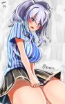  02sajita 1girl beret black_skirt blue_eyes breasts convenience_store hat highres kantai_collection kashima_(kantai_collection) large_breasts lawson ribbon shop silver_hair skirt thighs twintails 