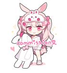  1girl animal_ear_fluff animal_ears animal_slippers bare_shoulders blush bow bunny_ears bunny_slippers chibi closed_mouth colored_shadow commission food_print full_body hair_bow hair_ornament heart long_hair moffle_(ayabi) off_shoulder original panties pink_bow pink_eyes pink_hair pink_panties print_bow print_panties shadow slippers smile solo standing strawberry_panties strawberry_print stuffed_animal stuffed_bunny stuffed_toy sweater two_side_up underwear very_long_hair white_background white_footwear white_sweater x_hair_ornament 