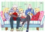  2boys 3girls :d ^_^ aran_sweater bangs black_legwear black_pants blonde_hair blue_eyes blue_hair blue_legwear blue_nails blue_sweater blush braid breasts character_request closed_eyes closed_mouth couch crossed_legs dress eyebrows_visible_through_hair fate/apocrypha fate/extra fate_(series) gradient_hair green_eyes green_legwear green_nails hair_between_eyes hair_over_shoulder highres knitting koshiro_itsuki light_brown_hair long_hair long_sleeves low_ponytail medium_breasts multicolored_hair multiple_boys multiple_girls nail_polish nero_claudius_(bride)_(fate) nero_claudius_(fate) nero_claudius_(fate)_(all) nero_claudius_(swimsuit_caster)_(fate) no_shoes on_couch open_mouth pants pantyhose parted_lips pillow pink_nails plaid plaid_pillow pleated_skirt ponytail profile red_dress red_eyes red_legwear red_nails ribbed_legwear ribbed_sweater shirt silver_hair sitting skirt smile socks sweater translation_request twintails very_long_hair vlad_iii_(fate/apocrypha) vlad_iii_(fate/extra) white_shirt white_skirt yarn yarn_ball 