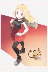  1girl black_legwear blonde_hair blue_eyes breasts closed_mouth dedenne graphite_(medium) highres kneehighs long_hair looking_at_viewer nomura_(buroriidesu) over-kneehighs pantyhose pleated_skirt pokemon pokemon_(creature) pokemon_(game) pokemon_xy serena_(pokemon) skirt sleeveless smile thighhighs traditional_media zettai_ryouiki 