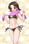  1girl :d artist_name bangs bikini black_bikini blush brown_eyes brown_hair commentary cursive dated fringe_trim girls_und_panzer light_particles looking_at_viewer matsui_yasutsugu navel open_mouth parted_bangs purple_scarf sawa_azusa scarf short_hair side-tie_bikini signature skindentation smile solo standing string_bikini swimsuit w_arms yellow_background 