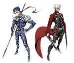  2boys archer blue_hair bodysuit brown_eyes cu_chulainn_(fate)_(all) dark_skin dark_skinned_male dual_wielding fate/stay_night fate_(series) gae_bolg highres holding kanshou_&amp;_bakuya lancer male_focus miwa_shirou multiple_boys pauldrons polearm ponytail red_eyes spear sword weapon white_hair 