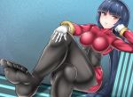  1girl black_hair blush bodysuit breasts closed_mouth feet gloves gym_leader long_hair looking_at_viewer natsume_(pokemon) pantyhose pokemon pokemon_(game) pokemon_rgby red_eyes skin_tight solo sumida_kichi very_long_hair 