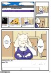  alphys anthro big_breasts boss_monster bovid breasts caprine clothed clothing comic computer desktop dialogue english_text eyes_closed eyewear female food fur glasses hair hand_on_face hi_res horn laptop laundrymom mammal mature_female pie protagonist_(undertale) reptile scalie smile teeth text toriel undertale video_games white_body white_fur 