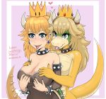  &lt;3 2018 5_fingers alternate_species animal_humanoid anthro armband big_breasts blonde_hair blue_eyes blush bodily_fluids border bowser bowsette_meme bracelet breasts clothed clothing collar convenient_censorship crossgender crown curved_horn dress duo english_text female female/female fingers green_body green_skin hair hand_on_breast horn humanoid humanoid_on_anthro humanoidized jewelry koopa koopa_humanoid mario_bros mtf_crossgender nintendo nude pink_background pink_border princess_koopa scalie scalie_humanoid simple_background spiked_armband spiked_bracelet spiked_collar spikes super_crown sweat sweatdrop text tongue tongue_out unknown_artist_(artist) video_games white_body white_border white_skin yellow_body yellow_skin 