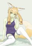  1girl animal_ears bangs blonde_hair blue_swimsuit commentary eyebrows_visible_through_hair fox_ears fox_girl fox_tail garters hair_tie highres looking_at_viewer nito_(nshtntr) old_school_swimsuit open_mouth original school_swimsuit short_hair_with_long_locks sitting solo strap_slip swimsuit swimsuit_pull tail thighhighs white_legwear yellow_eyes 