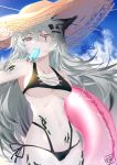  1girl animal_ears arknights arm_up armpits bare_shoulders bikini black_bikini breasts brown_eyes cloud collarbone cowboy_shot food grey_hair hat highleg highleg_bikini innertube lappland_(arknights) long_hair looking_at_viewer medium_breasts mouth_hold multi-strapped_bikini navel originium_(arknights) popsicle shibuya_(kurokamishain) side-tie_bikini sky solo stomach straw_hat swimsuit underboob very_long_hair wolf_ears 