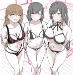  3girls :d areolae black_hair blush braid breasts brown_hair choker crotchless crotchless_panties eyebrows_visible_through_hair glaring highres holding_hands indoors jaku_denpa large_breasts lingerie long_hair looking_at_viewer mole mole_on_arm mole_on_thigh mole_under_eye multiple_girls navel open_mouth original panties parted_lips ribbon_choker short_hair side_braid sketch small_breasts smile standing sweat underwear underwear_only work_in_progress 