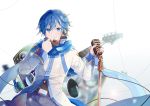  &gt;:) 1boy belt black_shirt blue_eyes blue_hair blue_nails clenched_hand closed_mouth coat denim guitar hair_between_eyes headphones headphones_removed headset holding holding_microphone instrument jeans kaito kaito_(vocaloid3) linch long_sleeves looking_at_viewer male_focus microphone microphone_stand nail_polish pants shirt smile solo turtleneck undershirt upper_body vocaloid white_background white_coat wire zipper 