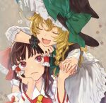  2girls apron blonde_hair bow braid closed_eyes commentary_request detached_sleeves green_bow green_ribbon hair_bow hair_ribbon hair_tubes hakurei_reimu hand_on_own_cheek hat hat_bow head_rest heart holding_hands interlocked_fingers kayako_(tdxxxk) kirisame_marisa multiple_girls open_mouth red_eyes ribbon single_braid touhou tress_ribbon waist_apron witch_hat wrist_cuffs yellow_neckwear 