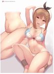  1girl atelier_(series) atelier_ryza bad_anatomy bad_feet breasts brown_eyes brown_hair cleavage commentary deru06 hair_ornament hairclip hat highres jewelry looking_at_viewer navel necklace open_mouth reisalin_stout short_hair smile star swimsuit thighs white_headwear 