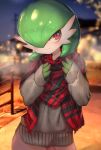  blurred_background blush breath clothed clothing female gardevoir green_body green_skin hi_res hizake multicolored_body multicolored_skin night nintendo not_furry outside pok&eacute;mon pok&eacute;mon_(species) red_eyes scarf smile solo sweater topwear video_games white_body white_skin 