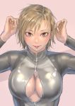  1girl blonde_hair bodysuit brown_eyes eyebrows_visible_through_hair front_zipper_swimsuit highres jewelry kilye_4421 meme_attire one-piece_swimsuit original short_hair single_earring solo sweat swimsuit tongue tongue_out undercut upper_body 