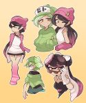  +_+ 2girls ;) adjusting_eyewear aori_(splatoon) arm_behind_back arm_grab baseball_cap beanie black_hair black_shirt black_shorts brown_eyes closed_mouth clothes_around_waist commentary cousins crescent cropped_torso detached_collar domino_mask english_commentary eyebrows_visible_through_hair food food_on_head gloves gradient_hair green_hair green_headwear green_jacket grey_hair grin hands_in_pockets hat hat_ornament hood hoodie hotaru_(splatoon) humanization jacket jacket_around_waist long_hair looking_at_viewer looking_to_the_side low_twintails mask mole mole_under_eye mouth_mask multicolored_hair multiple_girls object_on_head off_shoulder one_eye_closed orange_background outline pointy_ears ponytail purple_hair purple_headwear purple_jacket shirt short_hair short_shorts shorts smile splatoon_(series) squidbeak_splatoon strapless sunglasses surgical_mask tank_top tentacle_hair twintails white_gloves white_outline white_shirt wong_ying_chee 