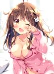 &gt;_&lt; 1girl ahoge areola_slip areolae backlighting bed_sheet blurry blurry_background blush breasts brown_eyes brown_hair bunny_hair_ornament collarbone collared_shirt commentary_request depth_of_field dress_shirt hair_ornament hand_up kokoa-chan_(pan_(mimi)) long_hair long_sleeves medium_breasts navel one_eye_closed open_mouth original pan_(mimi) pillow pink_nails pink_shirt rubbing_eyes shirt sleepy sleeves_past_wrists solo tears upper_body waking_up wavy_mouth 
