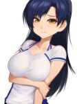  1girl absurdres alternate_breast_size breasts cleavage collarbone dark_blue_hair eyebrows_visible_through_hair furrowed_brow hand_on_own_arm highres idolmaster idolmaster_(classic) kisaragi_chihaya kumako_(kumakonoh) long_hair looking_at_viewer medium_breasts shirt short_sleeves simple_background smile solo upper_body white_background white_shirt yellow_eyes 