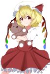  1girl absurdres bangs blonde_hair bow cowboy_shot crystal flandre_scarlet frilled_skirt frills hat hat_ribbon highres holding holding_stuffed_animal mob_cap one_side_up puffy_short_sleeves puffy_sleeves red_bow red_eyes red_ribbon red_skirt red_vest ribbon shirt short_hair short_sleeves side_ponytail skirt skirt_set smile solo stuffed_animal stuffed_toy teddy_bear touhou usuyaki vest white_background white_shirt wing_collar wings 