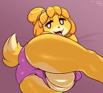  2020 animal_crossing anthro balls bent_over big_butt bulge butt canid canine canis clothed clothing domestic_dog frumples fur genitals gynomorph hair hand_behind_head hi_res intersex isabelle_(animal_crossing) looking_at_viewer low-angle_view mammal nintendo open_mouth panties pink_background presenting presenting_hindquarters rear_view shih_tzu simple_background smile solo teeth thick_thighs tongue tongue_out toy_dog underwear video_games white_eyes wide_hips yellow_body yellow_fur 