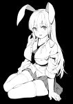 1girl absurdres animal_ears between_breasts black_background blush breasts bunny_ears ddal full_body greyscale highres large_breasts long_hair looking_at_viewer miniskirt monochrome necktie necktie_between_breasts off_shoulder pleated_skirt reisen_udongein_inaba simple_background sitting skirt smile solo sweat thighhighs touhou yokozuwari 