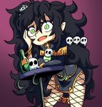  1girl black_hair bottle commission fang green_eyes hair_ornament hand_on_own_face kugasari-san leaning_on_object looking_at_viewer open_mouth original purple_background purple_eyeshadow setz skull skull_hair_ornament smile solo table 