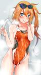  1girl aiuchi blue_eyes commentary_request competition_swimsuit cowboy_shot eyewear_on_head flat_chest girls_frontline highleg highleg_swimsuit highres kalina_(girls_frontline) long_hair looking_at_viewer one-piece_swimsuit orange_hair orange_swimsuit shower_head showering side_ponytail smile solo steam sunglasses swimsuit 