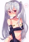  1girl arm_under_breasts bandaid bandaids_on_nipples bangs beniko_(ymdbnk) black_panties blush closed_mouth commentary_request elbow_gloves eyebrows_visible_through_hair gloves granblue_fantasy hair_between_eyes highres long_hair looking_at_viewer navel nose_blush orchis panties pasties purple_gloves red_eyes saliva silver_hair simple_background solo spoken_blush topless twintails underwear underwear_only upper_body very_long_hair white_background 