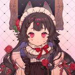 1girl :&lt; bow braid brown_hair closed_mouth colored_tears copyright_request flower frame heart highres light_blush long_hair looking_at_viewer red_bow red_flower red_rose rose rosette_(yankaixuan) solo tears upper_body 