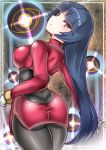  1girl ass black_hair bodysuit breasts closed_mouth gloves gym_leader highres long_hair looking_at_viewer natsume_(pokemon) pantyhose pokemon pokemon_(game) pokemon_rgby red_eyes skin_tight solo sumida_kichi very_long_hair 
