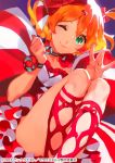  bow choker dress freyja_wion frilled_dress frills green_eyes hair_bow hand_gesture hands_up heart looking_at_viewer macross macross_delta mita_chisato multicolored multicolored_clothes multicolored_dress multiple_hair_bows one_eye_closed orange_hair red_dress red_hair short_hair smile striped striped_dress thighs white_dress wrist_flower 